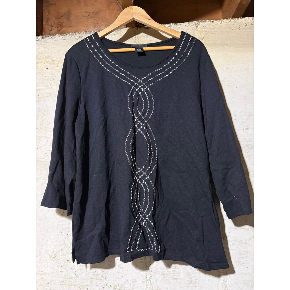 Investments II Black Embroidered 3/4 Sleeve Knit Top Tunic Plus Size 1X